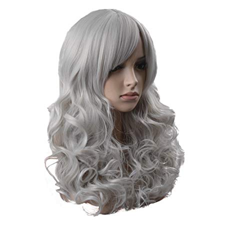 BERON 24" Stylish Long Curly Blonde Hair Wig Party Perruque (Silvery White)