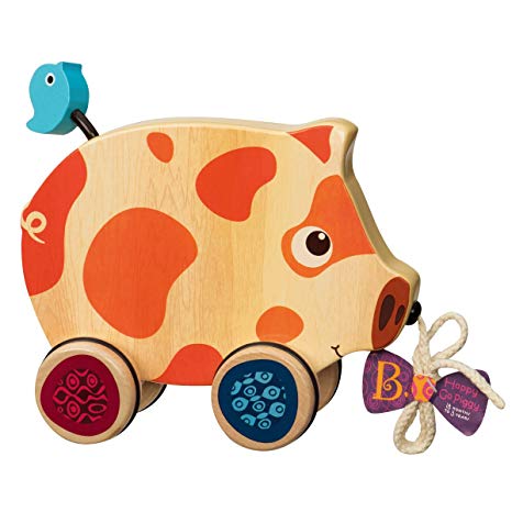 B. toys – Happy Go Piggy – Wooden Pull Toy – BPA Free Walk-A-Long Pull toy for Toddlers 18 months