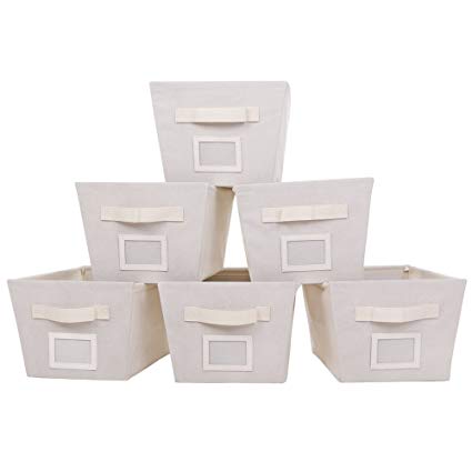 MustQ Storage Cubes Bins Baskets Containers with Dual Handles,Flodable,Beige,Set of 6