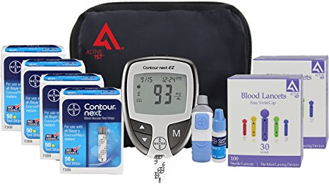 Active1st Bayer Contour NEXT Diabetes EZ Meter Testing Kit, 200 Test Strips, 200 Lancets, Lancing Device, Control Solution, Reference Guide, Log Book Carry Case