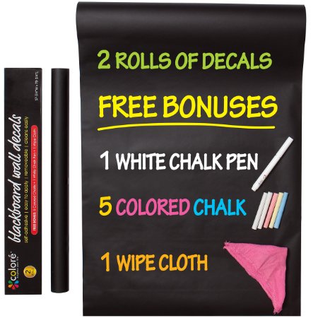 Colore Blackboard Wall Decals - Premium Vinyl Contact Paper For Restaurant Menu Chalkboard Office Wallpaper Art Quotes Home Kitchen Stickers - FREE Colored Chalks Chalk Pen and Wipe Cloth - 2 Rolls