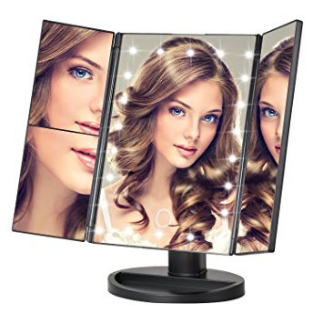 Lighted Makeup Mirror, BEW Tri-Fold Vanity Mirror with 22 LED lights & Touch Screen Dimmable / 1X/2X/3X Magnifying Spot Mirrors / 180°Swivel Rotation / Dual Power Supply (Black)