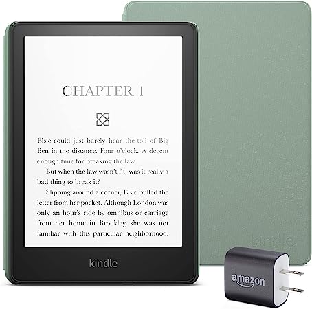 Kindle Paperwhite Essentials Bundle including Kindle Paperwhite (16 GB) - Leather Cover - Agave Green, and Power Adapter