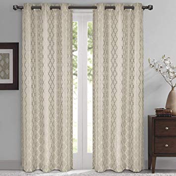 Willow Jacquard Beige Grommet Blackout Window Curtain Panels, Pair / Set of 2 Panels, 42x96 inches Each, by Royal Hotel