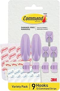 Command Mixed Hooks Pack, 9 Lavender Hooks, 13 strips (2 medium designer hooks, 4 medium indoor strips; 3 small wire hooks, 4 small indoor strips; 4 clear round cord clips, 5 small clear strips)