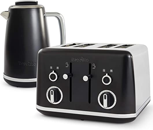 Breville Lustra Kettle and Toaster Set | 1.7 Litre Electric Kettle | 4 Slice Toaster with Wide Slots and Independent 2-Slice Controls | Matt Black [VKT173 and VTT969]