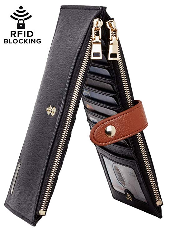 Chelmon Womens Genuine Leather Wallet RFID Blocking Credit Card Holder Zipper Purse