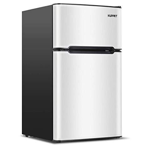 Kuppet Compact Refrigerator Mini Refrigerator for Dorm,Garage, Camper, Basement or Office, Double Door Refrigerator and Freezer, 3.2 Cu.Ft, Stainless Steel