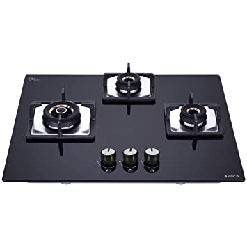 Elica Hob 3 Burner Auto Ignition Glass Top - 2 Mini Triple Ring Brass Burner and 1 Double Ring Brass Gas Stove (Flexi AB HCT 360)