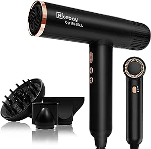 Nicebay® Ionic Hair Dryer with Diffuser, 1600W &110000RPM High-Speed Brushless Motor for Rapid Drying. Lightweight, Constant Temperature, Salon Blow Dryer with 3 Magnetic Attachments