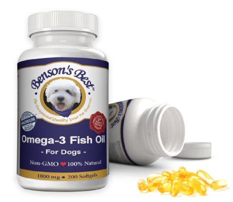 Benson's Best Omega-3 Fish Oil for Dogs (1000 mg Softgels) or Cats & Small Dogs (500 mg Softgels) - Provides 43% More Omega-3 Fatty Acids than Salmon Oil! 100% NOW 200 Softgel Capsules/Bottle! Pure, Non-GMO, Natural Pet Food Supplement