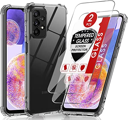 LeYi Crystal Clear Samsung Galaxy A23 5G/M23 5G Case and Screen Protector Tempered Glass [2 pack], Armour Shockproof Cover Slim Soft Silicone Protective TPU Bumper Phone Case for A23 5G/M23 5G Clear