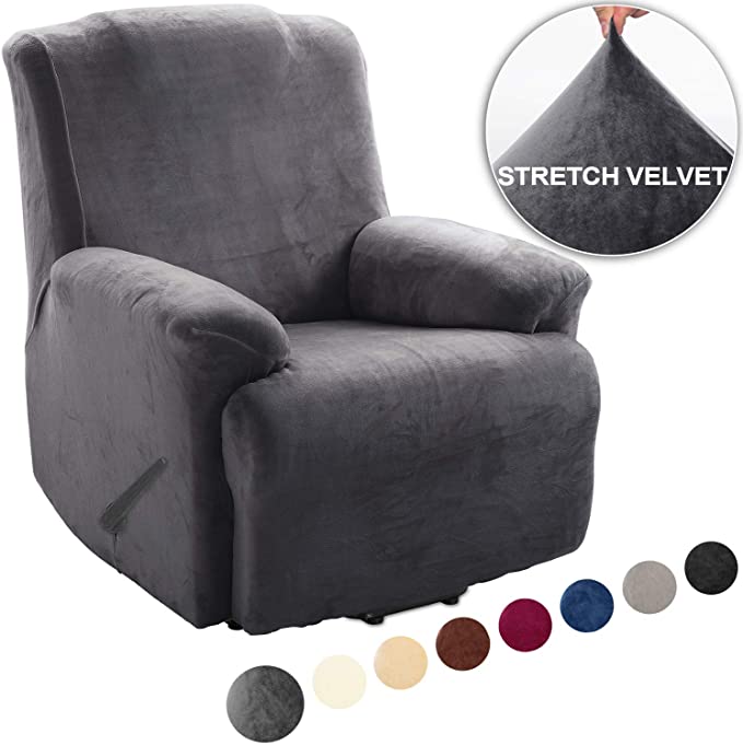 TIANSHU Fleece Recliner Covers 1 Piece, Velvet Plush Recliner Chair Slipcovers, Luxury Furniture Covers for Recliner Couch Cover with Pocket (Recliner, Gray)