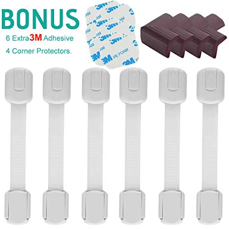Baby proofing Safety Locks for Child Proofing Toilet,Cupboard,Drawers,Cabinets,Fridge,6 Pack,Includes 6 Extra Adhesive & 4 Corner Protectors