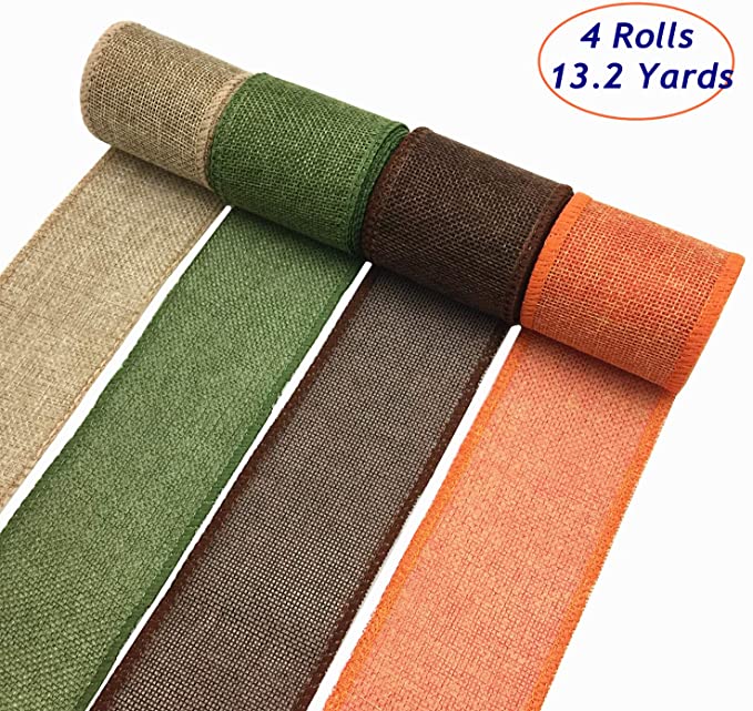 OZXCHIXU Burlap Wired Ribbon Rolls, Wrapping Burlap Ribbon Natural Orange Brown Olive Green Jute, for Christmas Crafts Decoration Wedding Floral Bows Trims Craft 13.2 Yards 2.4 Inch