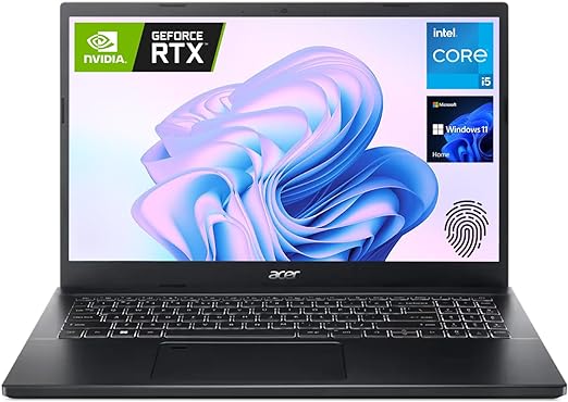 acer Aspire 7 Laptop, 15.6” FHD Display, Intel Core i5-1240P, NVIDIA GeForce RTX 3050, 32GB RAM, 1TB SSD, Backlit Keyboard, Fingerprint Reader, Wi-Fi 6, Webcam, HDMI, Windows 11 Home, Black