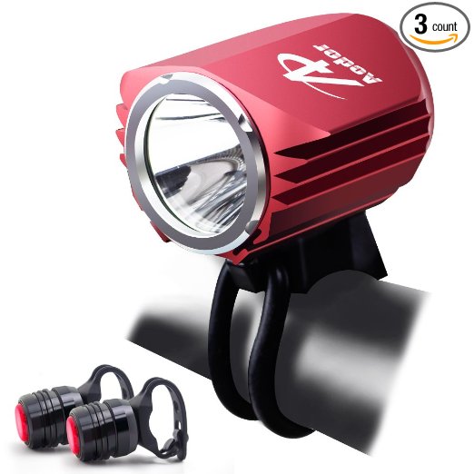 Aodor Ultra Bright Bike Light - USB/DC Rechargeable Waterproof 1200 Lumens Cree LED Headlight - with 2 Free Taill Light - Tools Free Installation (Red)