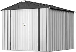 Greesum Metal Outdoor Storage Shed 8FT x 6FT, Steel Utility Tool Shed Storage House with Door & Lock, Metal Sheds Outdoor Storage for Backyard Garden Patio Lawn, White