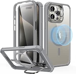 ESR Magnetic for iPhone 15 Pro Max Case, Full-Body Military-Grade Drop Proof Magsafe Phone Case for iPhone 15 Pro Max with Built-in 9H  Tempered Glass Screen Protector and Stand, Clear Grey