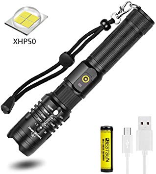 BESTSUN CREE XHP50 LED Flashlight, 5000 Lumen Super Bright Tactical Flashlight USB Rechargeable Flashlight Zoomable 5 Modes Hand Torch Waterproof Torch with Battery for Camping