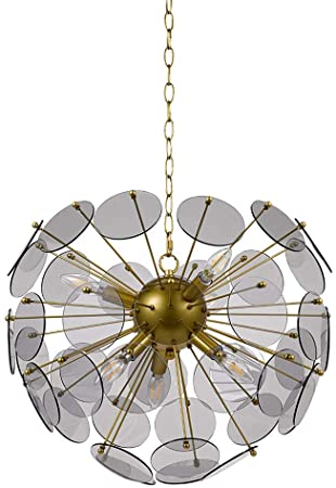 Rivet Modern Smoke Glass Sputnik 6 Light Hanging Ceiling Pendant Chandelier Fixture With 6 LED Candle Bulbs - 20 x 20 x 17 Inches, Gold