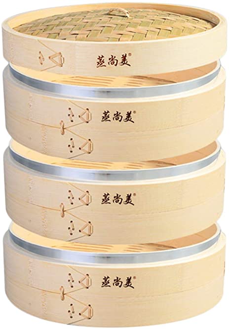 Hcooker Deepen 3 Tier Kitchen Bamboo Steamer with Stainless Steel Banding for Asian Cooking Buns Dumplings Vegetables Fish Rice