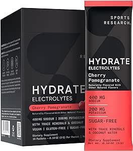 Sports Research Hydrate Electrolytes Powder Packets - Sugar-Free & Naturally Flavored with Vitamins, Minerals, and Coconut Water - Supports Hydration - 16 Packets - Cherry Pomegranate