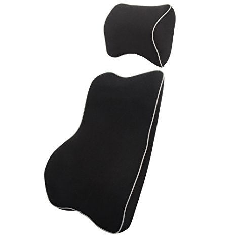 Memory Foam Car Lumbar Cushion and Car Neck Pillow Kit (Black)
