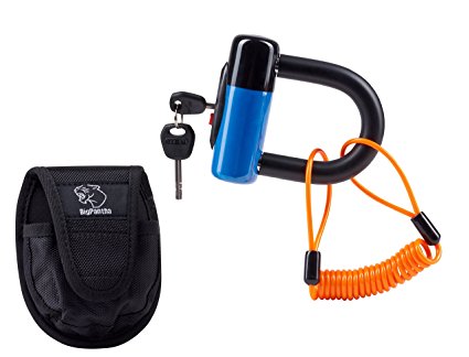 Universal Motorcycle Disc Brake Lock (U-Lock Bike Lock Model). RELAX Your Motorbike is Very Safe Using This Device! Includes Highly Visible Reminder Cable & Holster. From BigPantha (Blue Version).