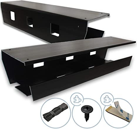 Under Desk Cable Management Tray (Pack of 2), Black, 2 Mounting Options Tape/Screws, Organizer Rack for Cords/Wires/Power Strip/Power Bricks, Built Sturdy and Wide to Fit All Your Under Desk Clutter