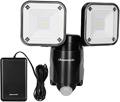 DEWENWILS Battery Powered Motion Sensor Security Lights, 800LM LED Flood Light Outdoor, 6000K, IP44 Waterproof, Exterior Battery Box Operated, Dual Head Motion Light for Garage, Yard, Porch, Patio