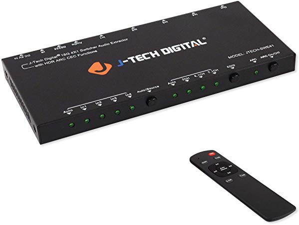 J-Tech Digital HDMI Audio Extractor Switcher 4x1 HDMI 2.0 4K@60Hz with 18Gbps, HDCP 2.2, HDR10, Analog/Digital Audio Output, Supporting CEC, ARC, with IR Remote and auto-Switching [JTECH-SWE41]