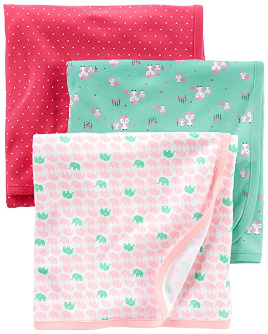 Simple Joys by Carter's Baby Girls' 3-Pack Cotton Swaddle Blanket, Pink/Red/Mint, One Size