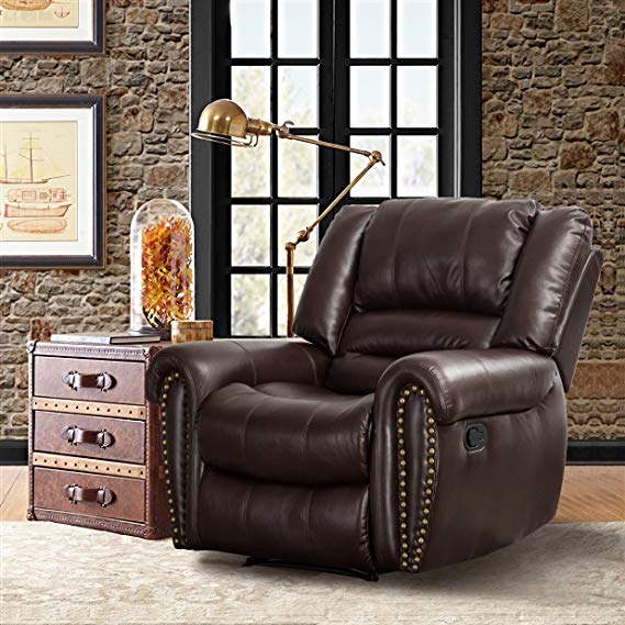 CANMOV Breathable Bonded Leather Recliner Chair, Classic and Traditional 1 Seat Sofa Manual Recliner Chair with Overstuffed Arms and Back, Brown