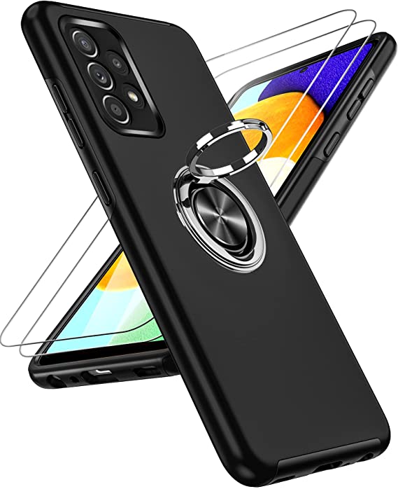 Galaxy A52 5G Case, Samsung Galaxy A52 5G Case with [2 Pack] Tempered Glass Screen Protector, LeYi Slim Shockproof Phone Case with Invisible Ring Holder Kickstand for Galaxy A52 5G/A52S, Black