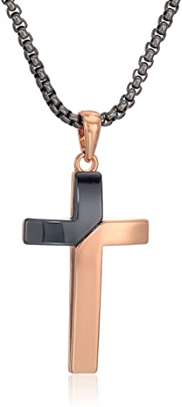 Steve Madden 26" Box Chain Two-Tone Stainless Steel Diagonal Design Cross Pendant Necklace for Men