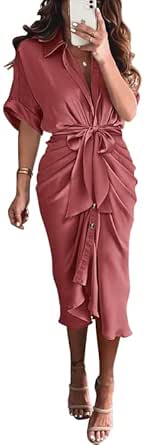 BTFBM Women 2024 Button Down Ruched Shirt Dresses Short Sleeve Lapel V Neck Elegant Party Spring Summer Maxi Satin Dress