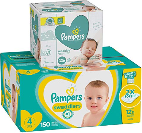 Diapers Size 4, 150 Count and Baby Wipes - Pampers Swaddlers Disposable Baby Diapers and Water Baby Wipes Sensitive Pop-Top Packs, 336 Count