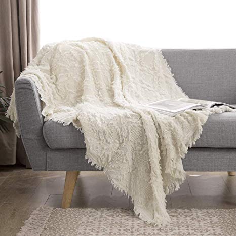 Simple&Opulence Fringed Cotton Throw Blanket Cable Knit Woven with Tassels Cozy Blanket Scarf Shawl Farmhouse Decoration (White)