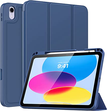 MoKo iPad 10th Generation Case with Pencil Holder iPad 10.9 Inch Case 2022, Soft TPU Smart Stand Back Cover Case for iPad 10th Generation, Support Touch ID&Auto Wake/Sleep, Navy Blue