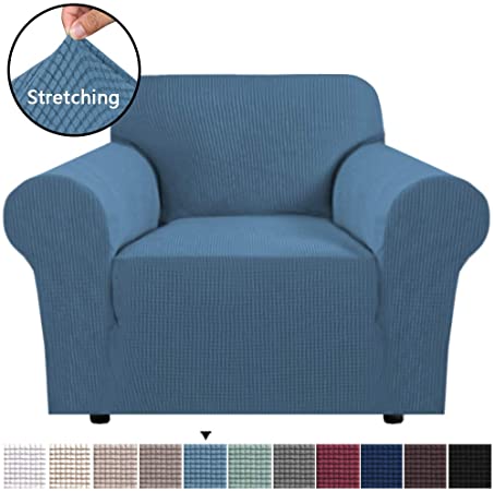 H.VERSAILTEX Armchair Cover Stretch 1 Piece Couch Shield Machine Washable Stylish Chair Slipcover/Furniture Cover with Spandex Jacquard Checked Pattern Fabric (One Seat Chair Cover, Dusty Blue)