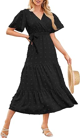 Summer Flowy Womens Dresses Boho Long Dress V Neck Short Sleeve Swiss Dot Dresses A Line Smocked Maxi Dresses for Women 2024