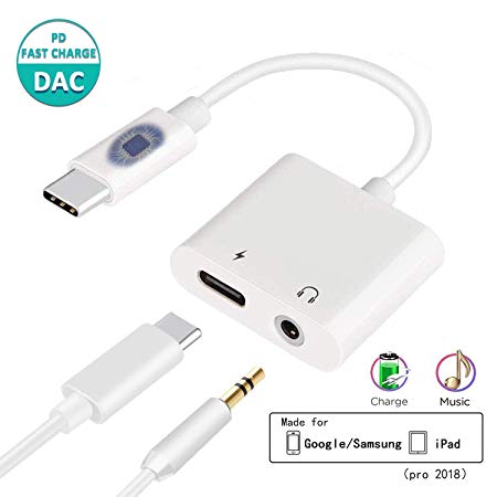 USB-C/Type-c PD Fast Charging 2 in 1 to 3.5mm Headphones Jack Adapter AUX Audio Splitter Support Phone   Volume Control for 2018 iPad Pro,Google Pixel 3 / 3XL / 2 / 2XL, Samsung Note8 /S8/ S8   / S9