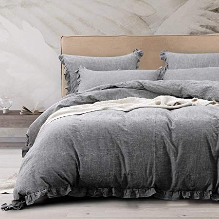 NTBAY 3 Pieces Solid Color Linen Duvet Cover Set with Exquisite Ruffles Design, Breathable (Grey, King)