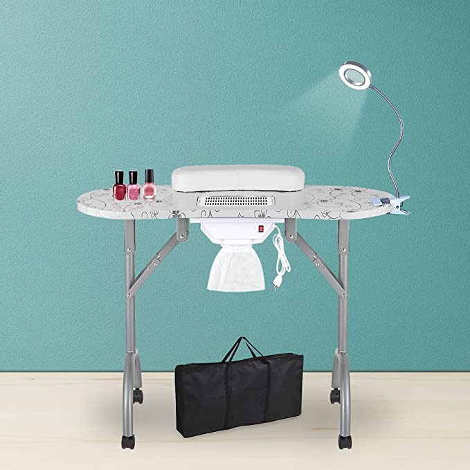 LEIBOU Professional 35''L Portable & Foldable Vented Beauty Manicure Table Nail Technician Desk Workstation Salon Spa with Magnifier USB LED Lamp,Fan dust Collector,Sponge,Carrying Bag (White Flower)