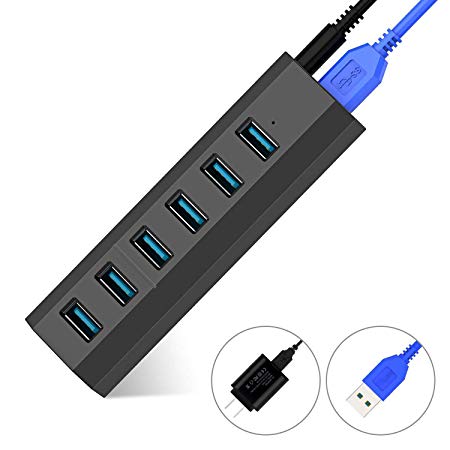 6-Port USB 3.0 Hub with 10W Power Adapter, KEXIN Portable Data Hub 3.0 Splitter Compatible for Mac Pro/Mini, iMac, Surface Pro, USB Flash Drives, Notebook PC(Grey)