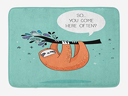 Ambesonne Animal Bath Mat, Cartoon Design Print Sloth with a Flirty Quote 'So You Come Here Often' Color Image, Plush Bathroom Decor Mat with Non Slip Backing, 29.5 W X 17.5 L Inches, Multicolor