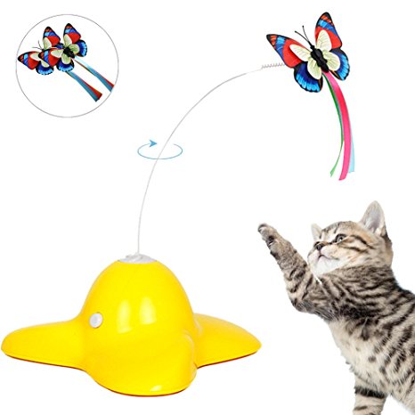 Electric Rotating Butterfly Cat Toys with Two Replacement Flashing Butterflies Interactive Cat Toy Spinning Teaser Toy