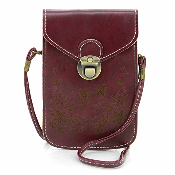 U-TIMES Women's Retro Flower Pattern Synthetic Leather Crossbody Shoulder Wallet Bag Cell Phone Pouch for iPhone 6/6S,6Plus/6S Plus,Note 5,Note 4,Galaxy S7,S7 Edge(Wine Red)