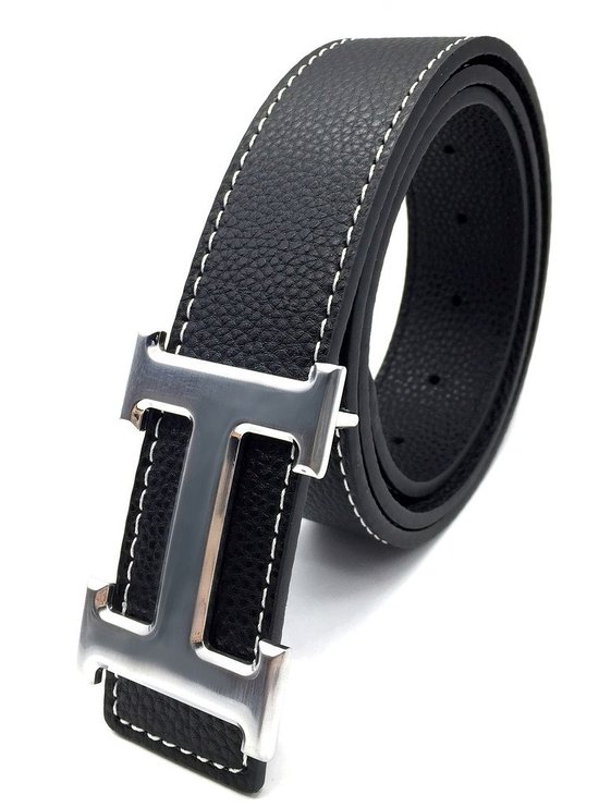 Maikun Mens Letter H Silver Buckle Synthetic Leather Belt